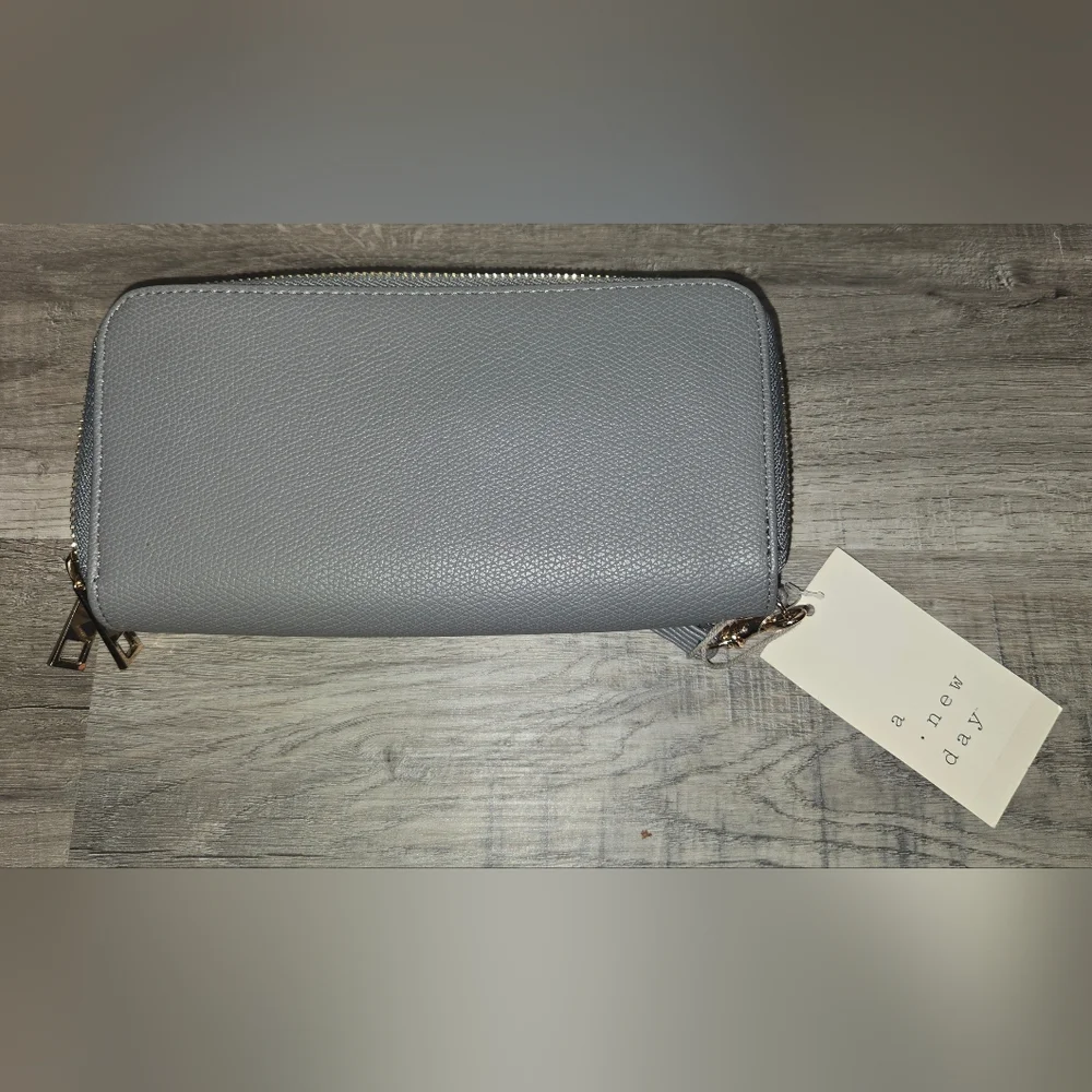 Gray Wrislet Wallet With Strap, 2 Zippered Sections, Card Slots & Coin Storage